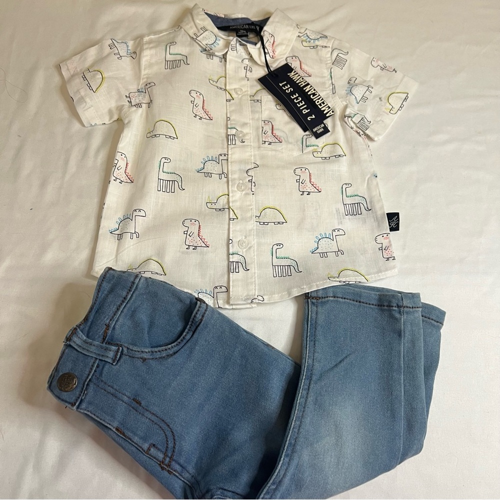 NWT American Hawk Toddler Dinosaur Button Up Shirt & Jeans Outfit Set 18M